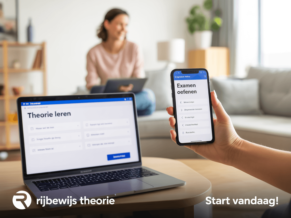 Mockup laptop met 'Theorie leren' en telefoon met 'Examen oefenen'